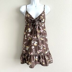 Vintage Y2K Babydoll Mini Dress Womens Medium Brown Floral Summer Beach Vacation